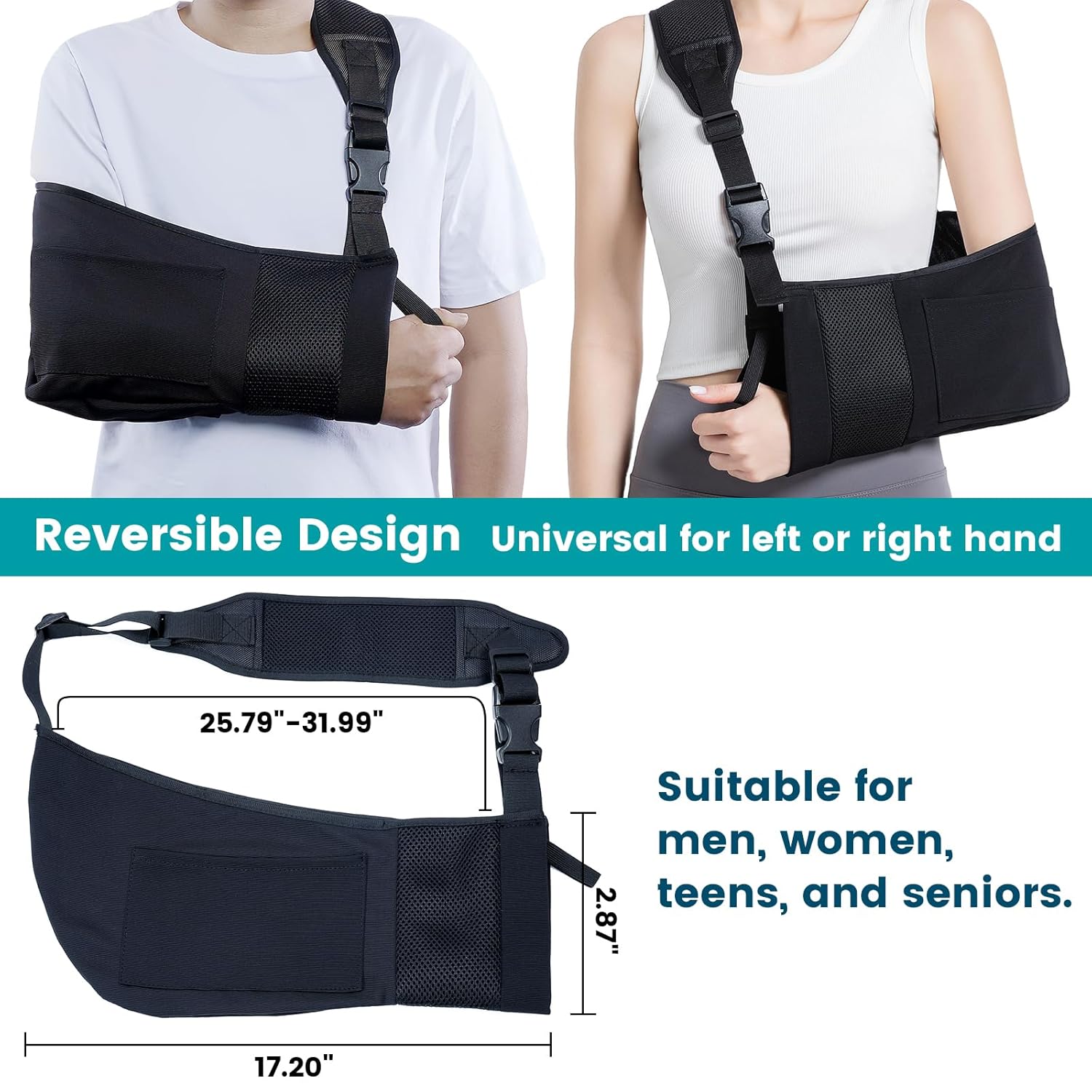 Hemvt Arm Sling for Shoulder Injury, Shoulder Immobilizer with Pocket, Adjustable Support Brace for Elbow Hand, Fits Left or Right Arm, Breathable Comfortable Black