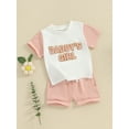 thumbnail image 3 of FEORJGP Toddler Girl Summer Shorts Set 3M 6M 1T 2T 3T Infant Baby Short Sleeve T-Shirt Round Neck Shirt Letter Embroidery Tops with Drawstring Shorts 2Pcs Loose Casual Outfit, 3 of 9