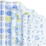 LeZakaa Baby Shower Wrapping Paper - Mini Roll - Bear/Balloon, Baby/Polak Dot Print in Blue for Baby Boy - 17 x 120 inches - 3 Rolls
