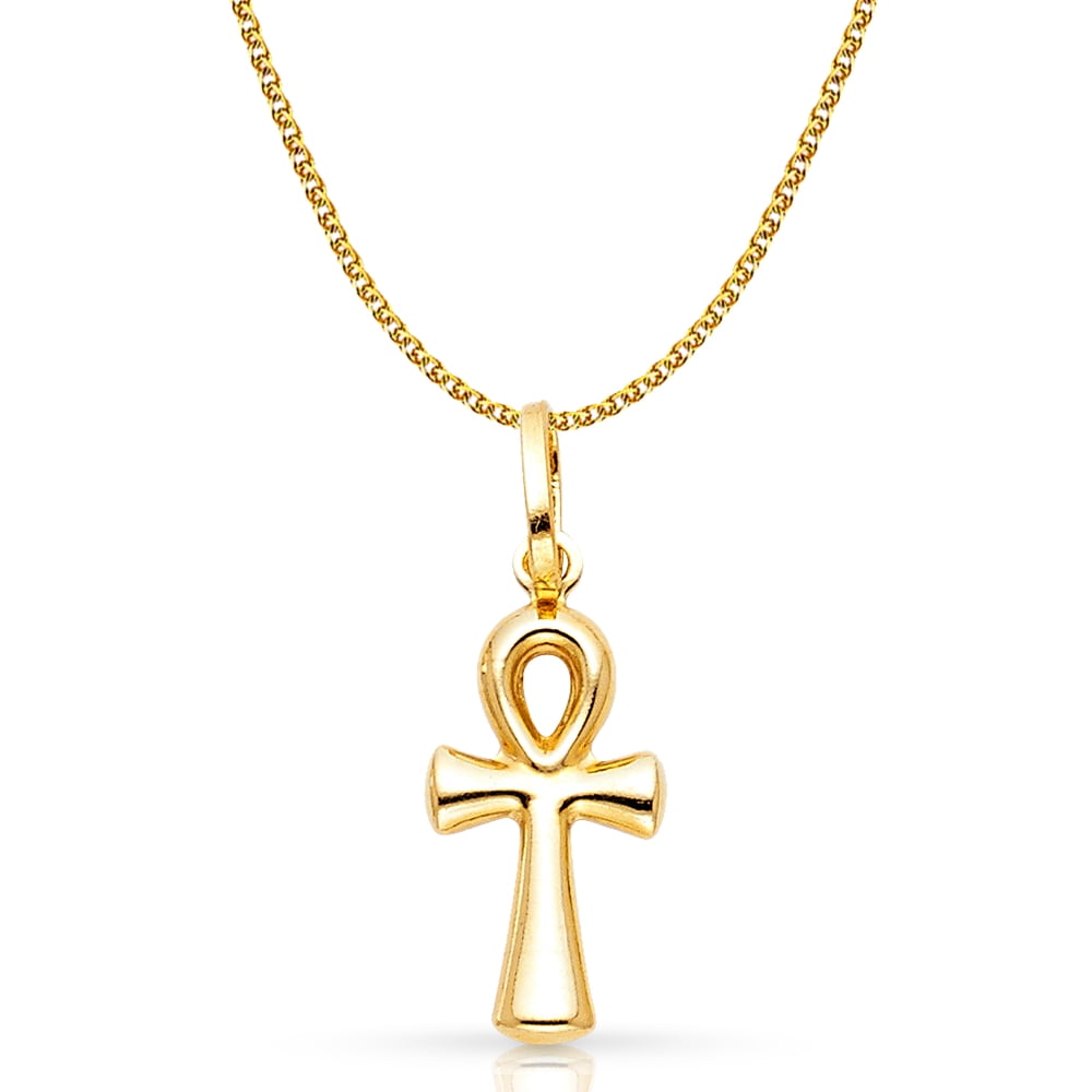 Ioka 14K Yellow Gold Egyptian Ankh Cross Charm Pendant with 1.2mm