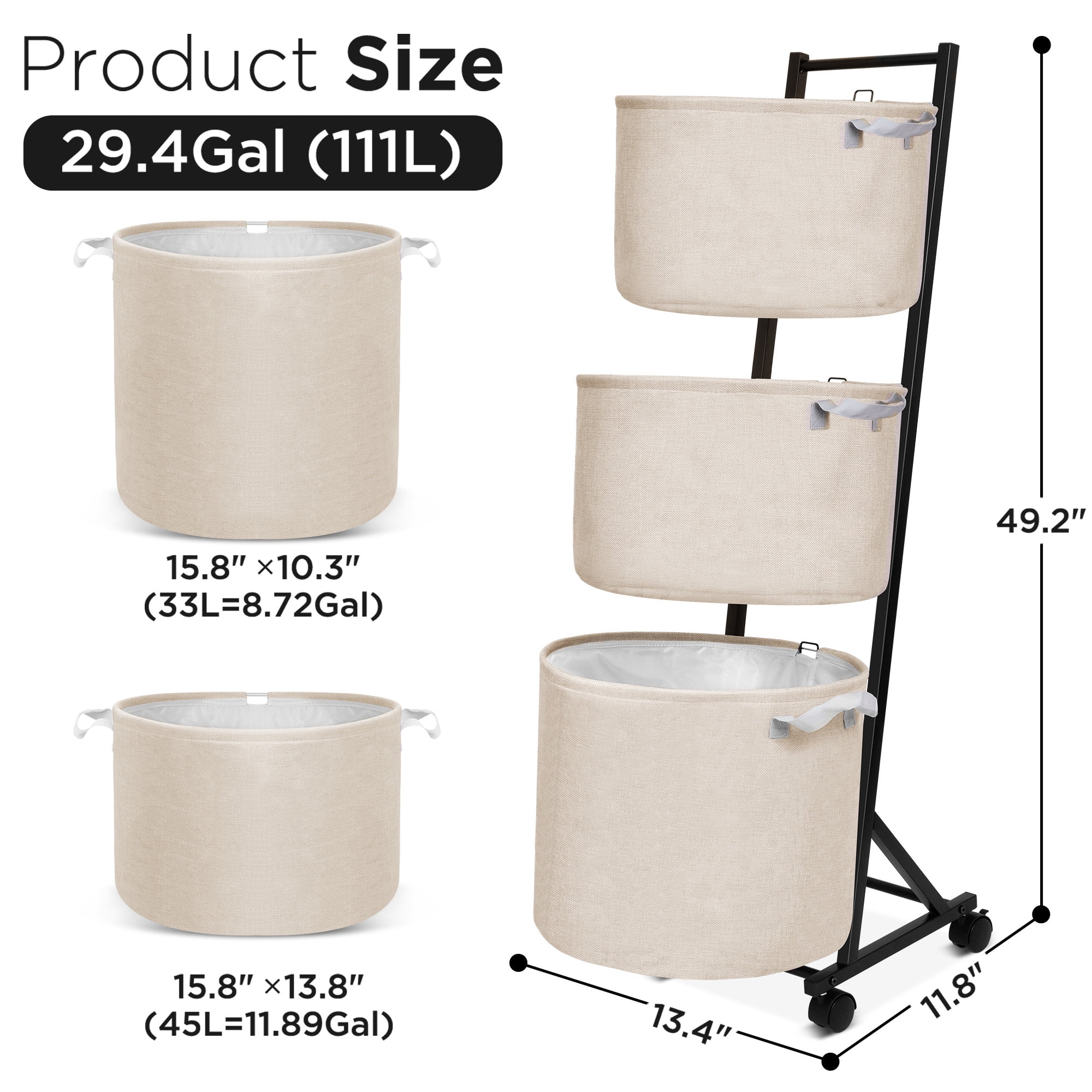 YOUPINS 3-Tier Laundry Hamper Sorter,Laundry Storage Organizer with Wheels Removable Rolling Laundry Baskets for Home,Bathroom,Dorm Laundry Room,Beige