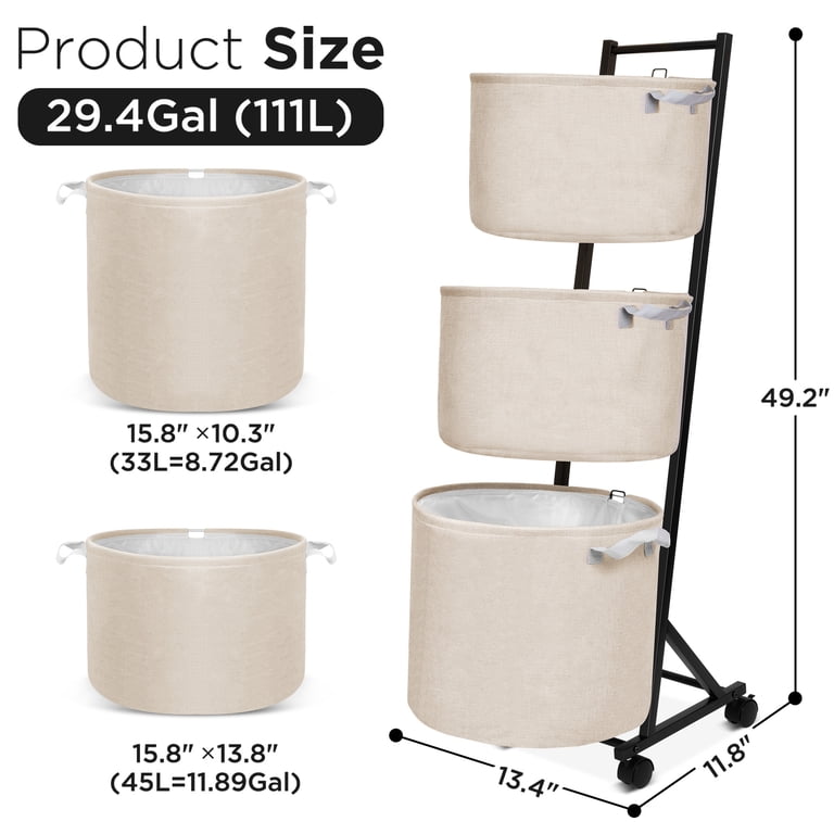 3-Tier Rolling Laundry Hamper Sorter With Wheels, Beige photo 2