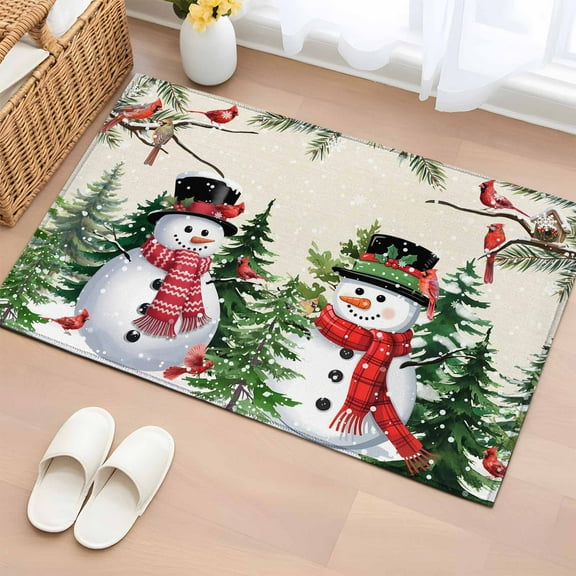 Beige Snowman Christmas Bathroom Rug Washable 2x3 Entryway Rug Non Slip Xmas Tree Snowflake Winter Birds Front Door Mat Low Pile Indoor Doormat Throw Floor Carpet for Kitchen Bedroom Entrance