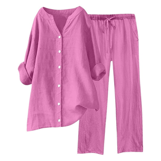 Conjuntos de 2 piezas para mujer: blusa de pierna ancha y pantalones elásticos. Camisa informal con cuello en V y bolsillos. Ropa urbana para todas las estaciones.