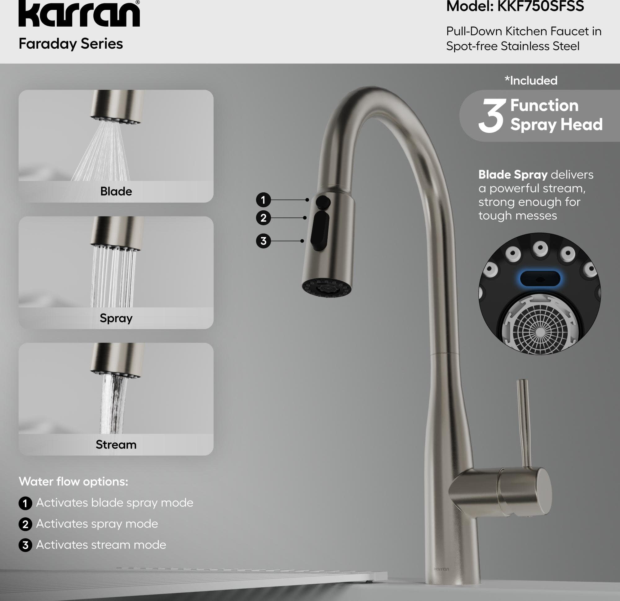 Karran Usa KKF750SFSS Faraday 1.8 GPM Single Hole Pull Down Kitchen Faucet - Stainless