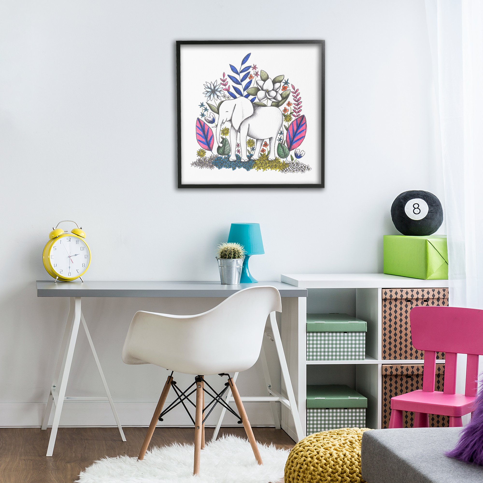 Elephant in Midst of Flowers Black Framed Giclee Art, design by Cecilia Battaini
