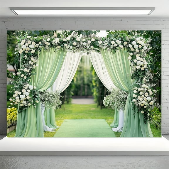Light Green Wedding Ceremony Backdrop Romance Flower Arch Bridal Shower Photography Background Green Greenery Floral Curtains Anniversary Birthday Party Decorations Banner Supplies Photo Booth Props
