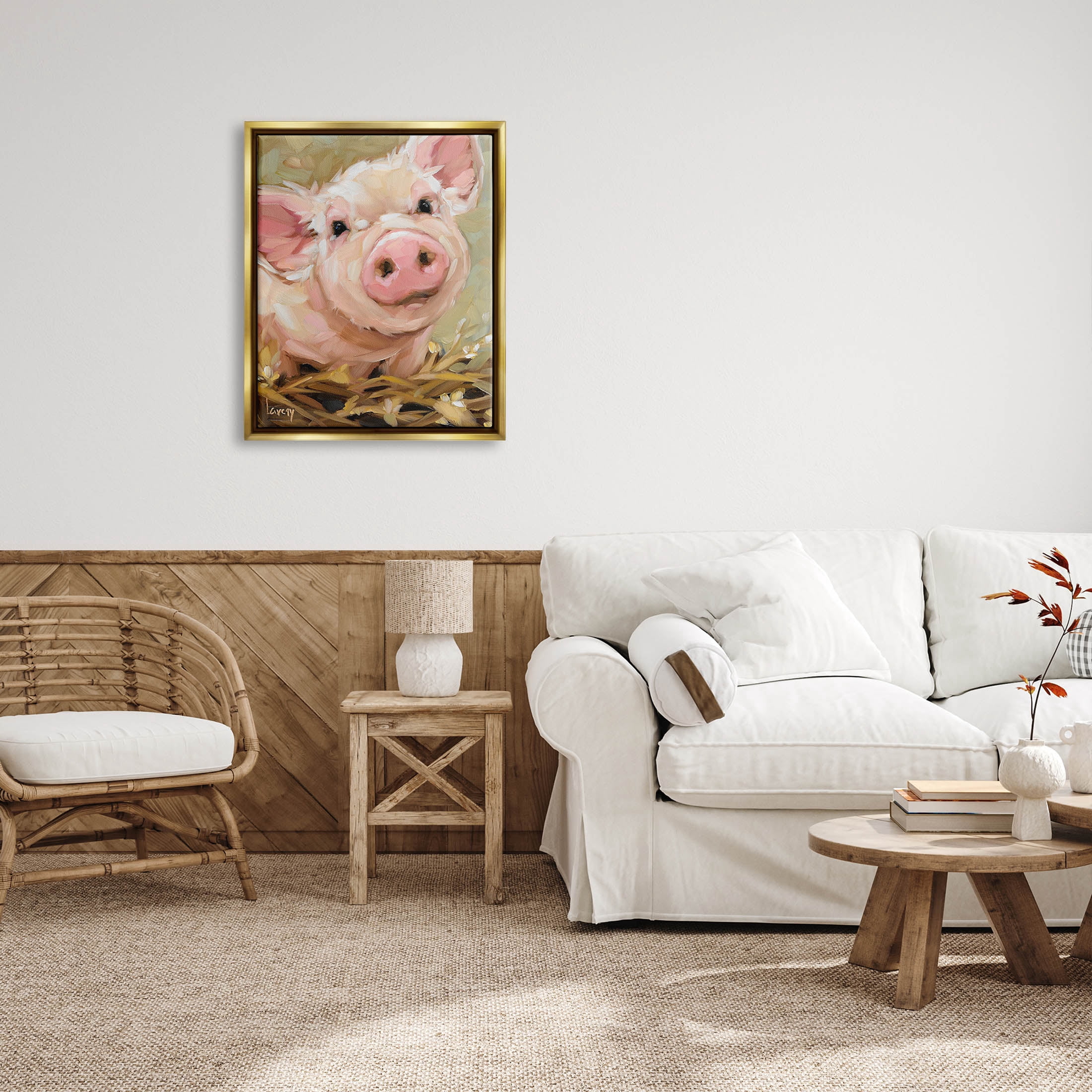 Happy Pig Farm Animal Portrait Animals & Insects Painting Metallic Gold Framed Art Print Wall Art