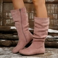 thumbnail image 2 of Xiaoxatg Women's Mid-Calf Boots Ladies Fashion Solid Color Suede Pleated Pile Boots British Style Flat Bottom Medium Boots 7 Pink, 2 of 8