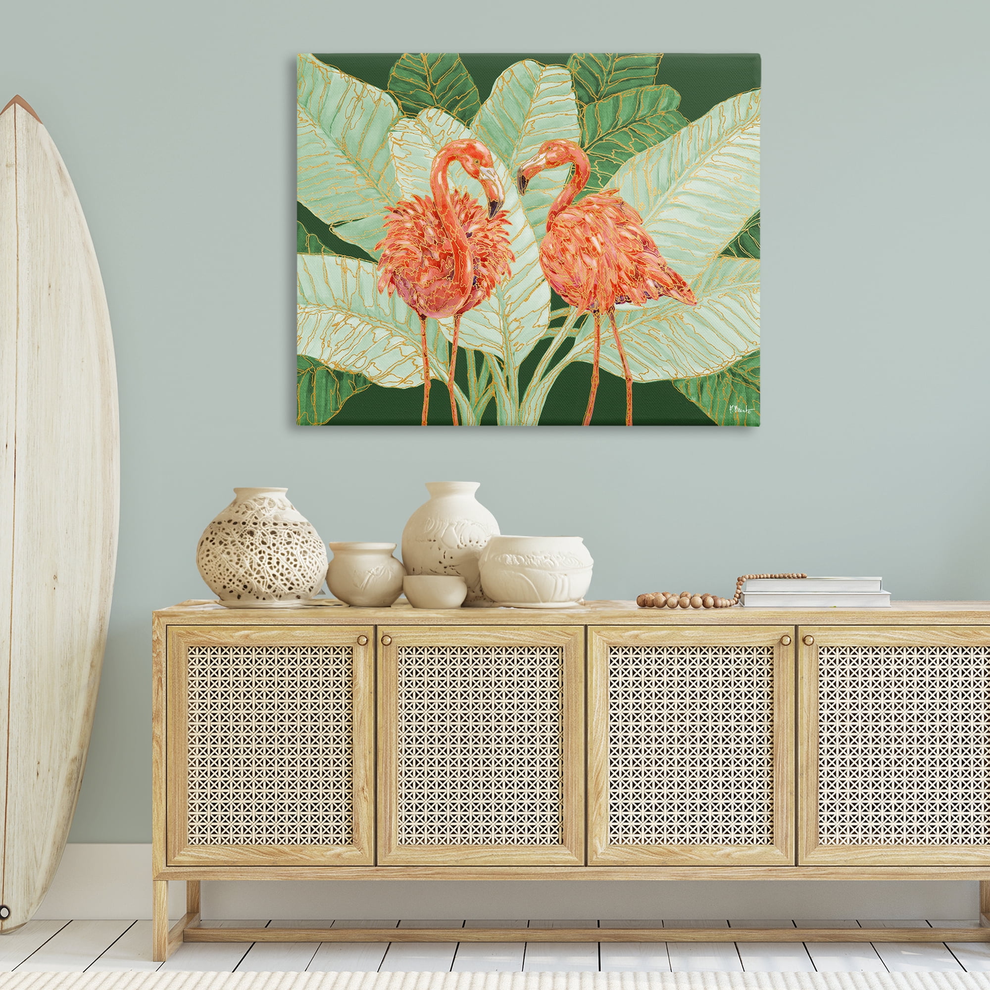 Stupell Industries Martinique Flamingos & Leaves Animals & Insects Painting Gallery Wrapped Canvas Art Print Wall Art, 48 x 36