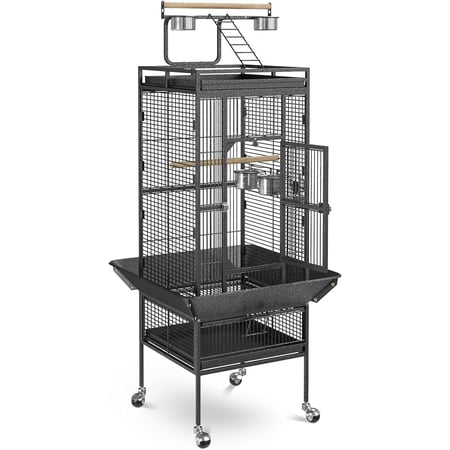 PRO 61-inch 2in1 Large Bird Cage with Rolling Stand Playtop Parrot Chinchilla Finch Cage Macaw Conure Cockatiel Cockatoo Pet House Wrought Iron Birdcage, Black
