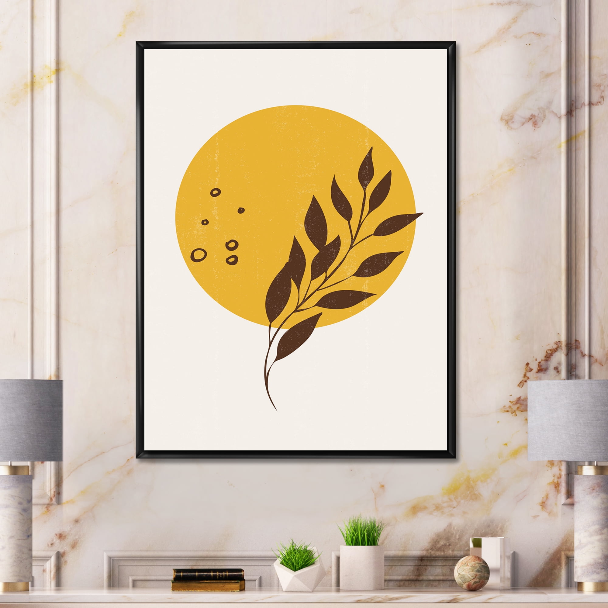 Designart 'Abstract Moon and Yellow Sun With Tropical Leaf II' Modern Framed Canvas Wall Art Print