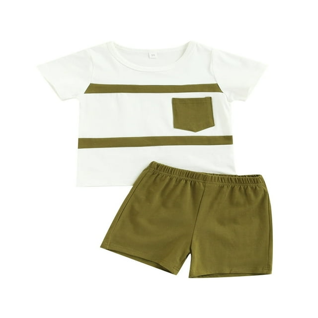 Contrast Color Neck T-shirt with Pocket + Solid Color Shorts
