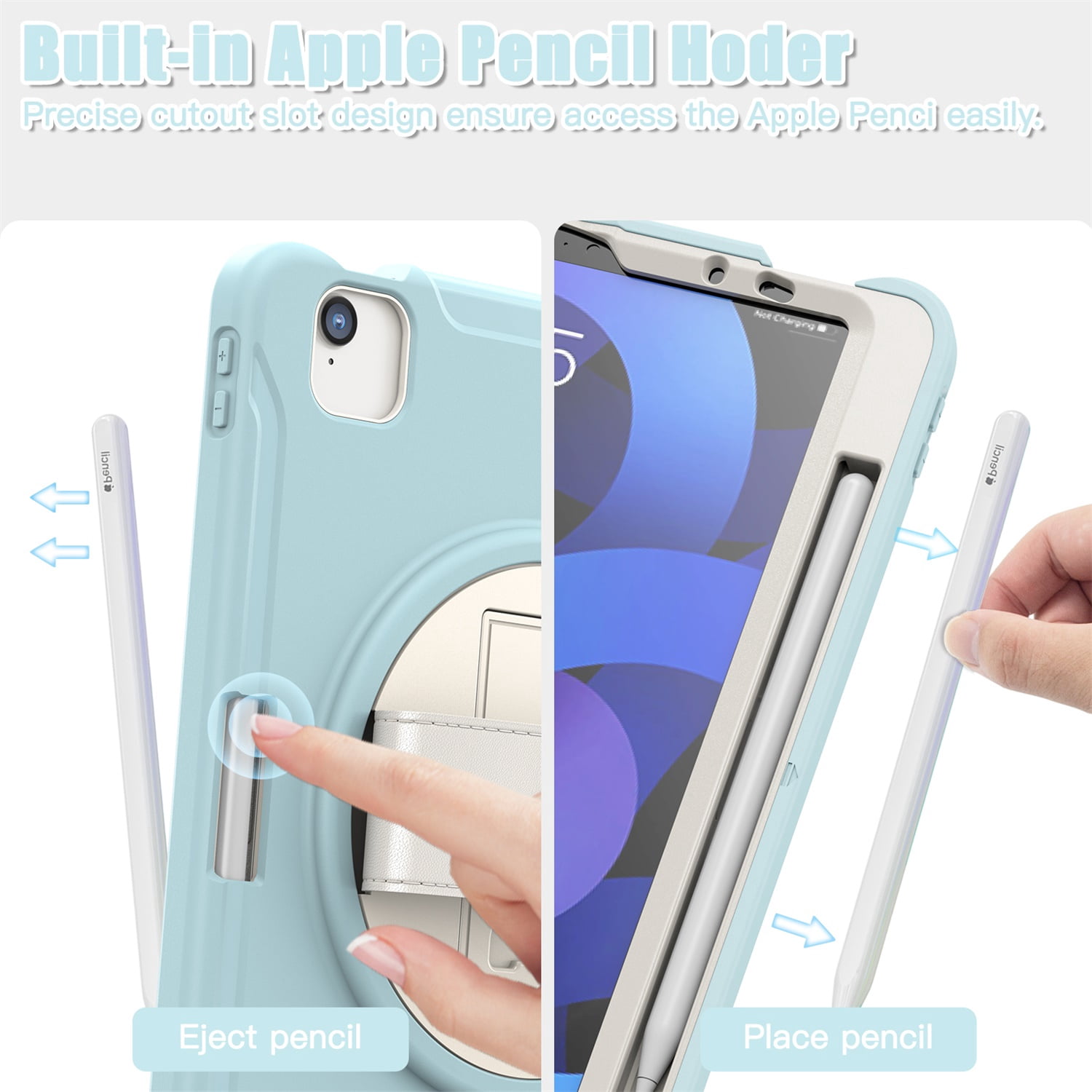 SaniMore for Apple iPad Air 11 2024 Case, 3 Layers Multi-Functional Case with Pencil Holder & Hand Strap Multi-Angle Kickstand Shockproof Protective Case for Women Men, Icecrystalblue