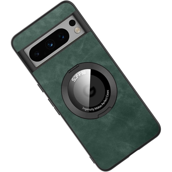 Magnetic for Google Pixel 9 Pro, Pixel 9 Case with Stand Compatible with MagSafe Authentic Sheep Bark Skin Ultra Thin 360° Rotation Bracket Anti-Scratch Mil-Grade Drop Protection Case, Green