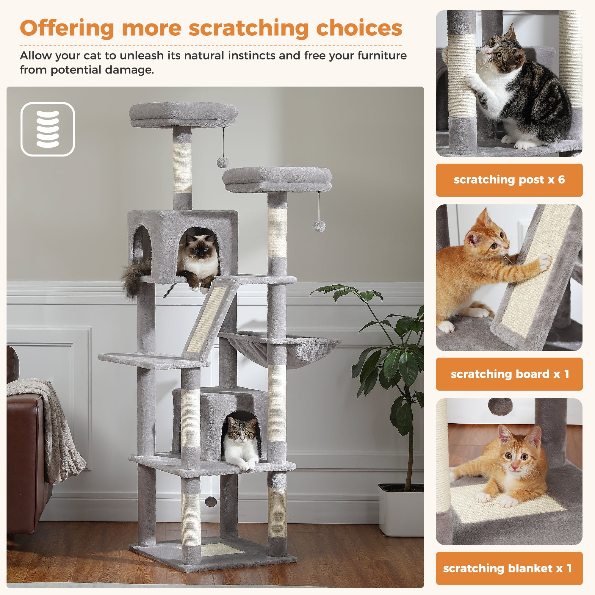 Pefilos 70" Large Cat Tree for Indoor Cats, Multi-Level Cat Tower Cat Scratching Post with 2 Perches, 2 Condos, Hammock and 2 Pompoms, Gray