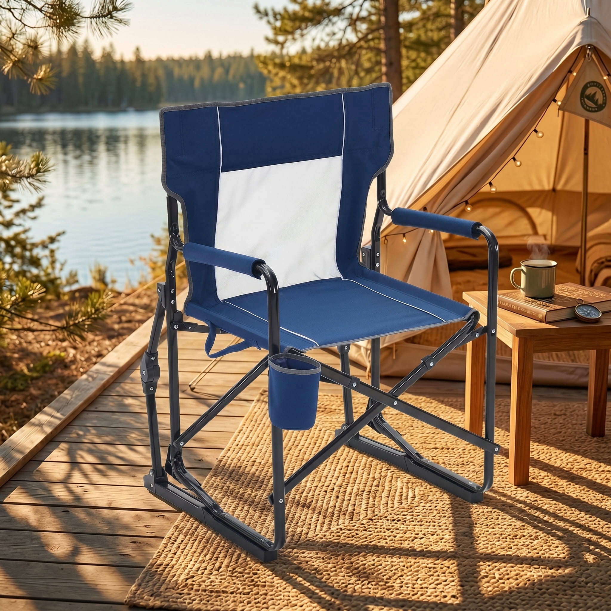 LIFERECORD Outdoor Rocker Camping Chair, Portable Folding Rocking Chair Waterproof Cup Holder, Mesh Back for Patio Beach Sports Events
