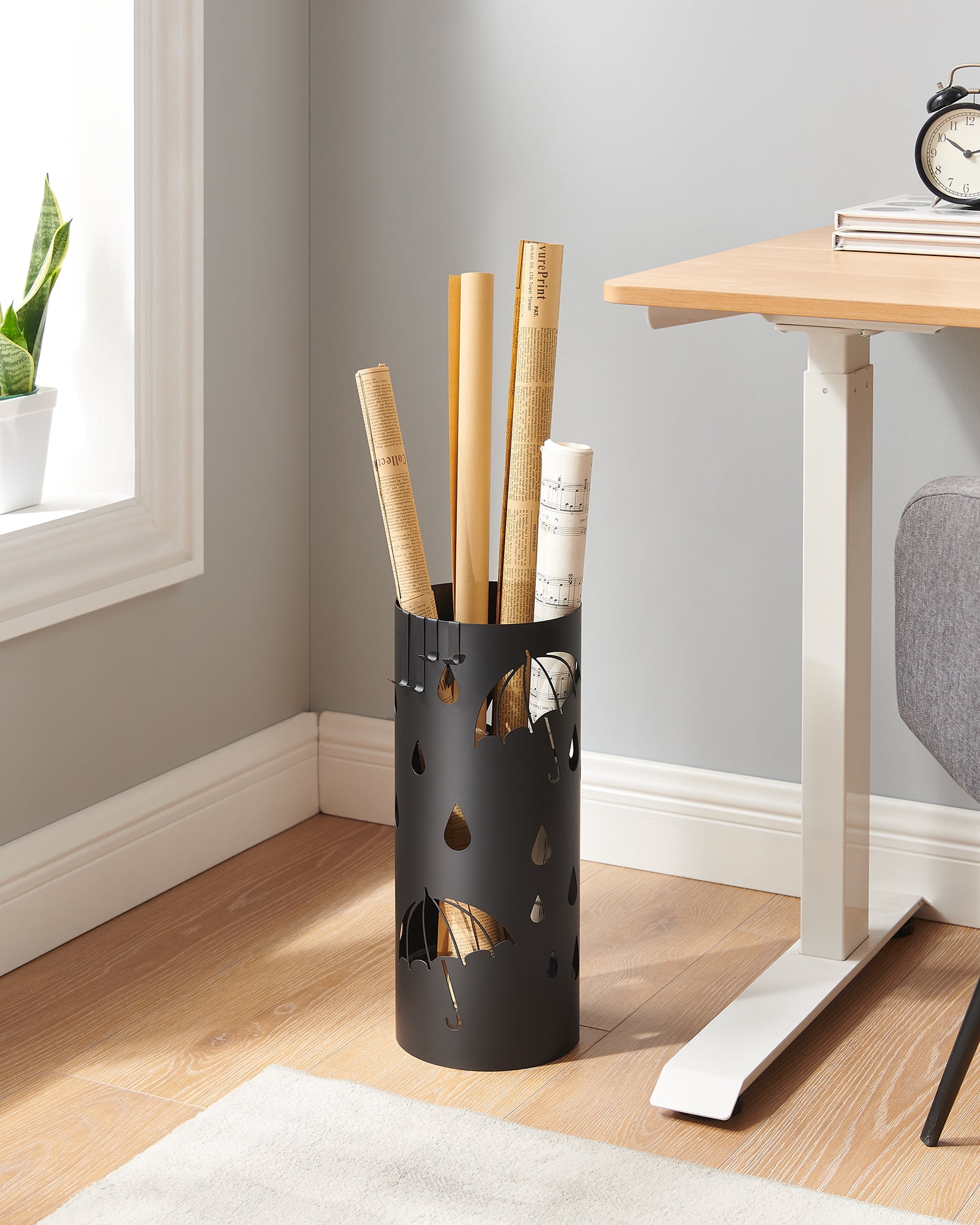 SONGMICS Umbrella Stand, Metal Umbrella Holder for Entryway, with Water Tray and 4 Hooks, 6.7 x 6.7 x 16.1 Inches, Round, Black