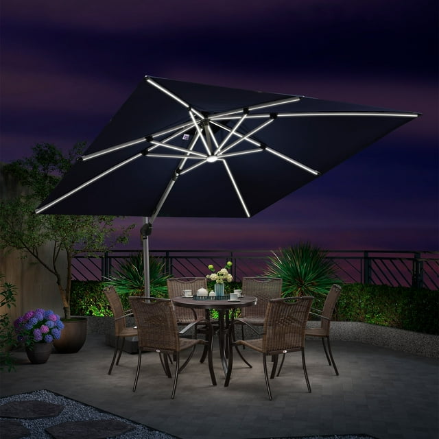 PURPLE LEAF Parasol de Patio Carré à Double Toit de 10 Pi de Luxe à DEL Alimenté par Solar, Parasol Déporté d'Extérieur, Bleu Marine