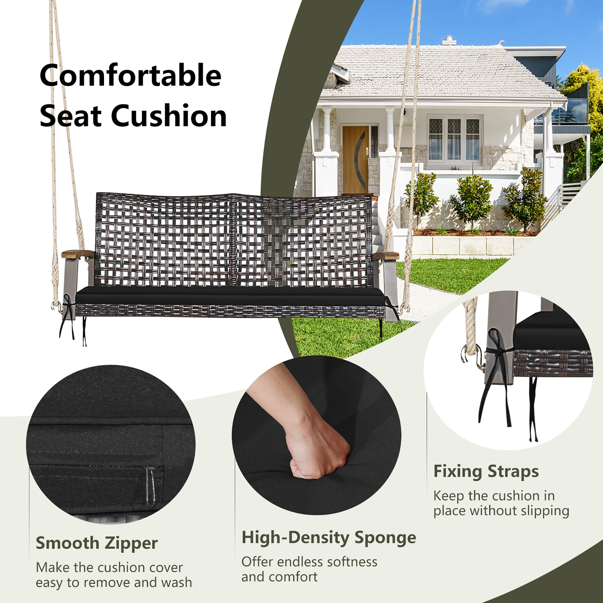 Gymax 2-Seat Rattan Porch Swing Chair Outdoor Wicker Swing Bench W/ Seat Cushion Black - image 5 of 8