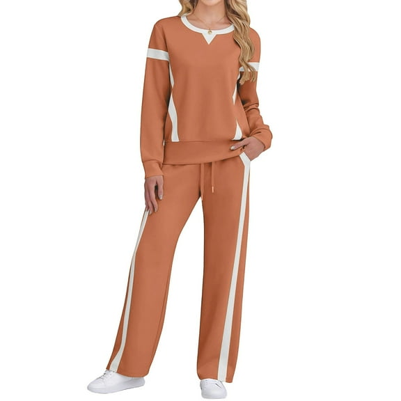 Women 2 Piece Lounge Set Tracksuit Color Block Pullover Wide Leg Pants Sweatsuit Matching Sets