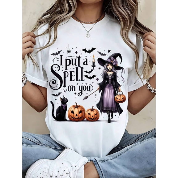 Halloween Witch Graphic Tee Shirt I Put A Spell On You Casual Holiday Party Top