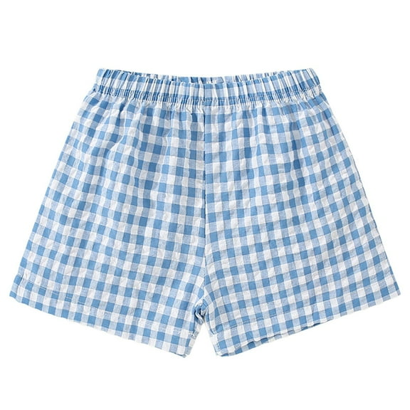 Wolcakyue Girls Cotton Shorts Kids Plaid Print Elastic Waist Casual Short Summer Beach Pants with Pockets,Blue 3-4 Years
