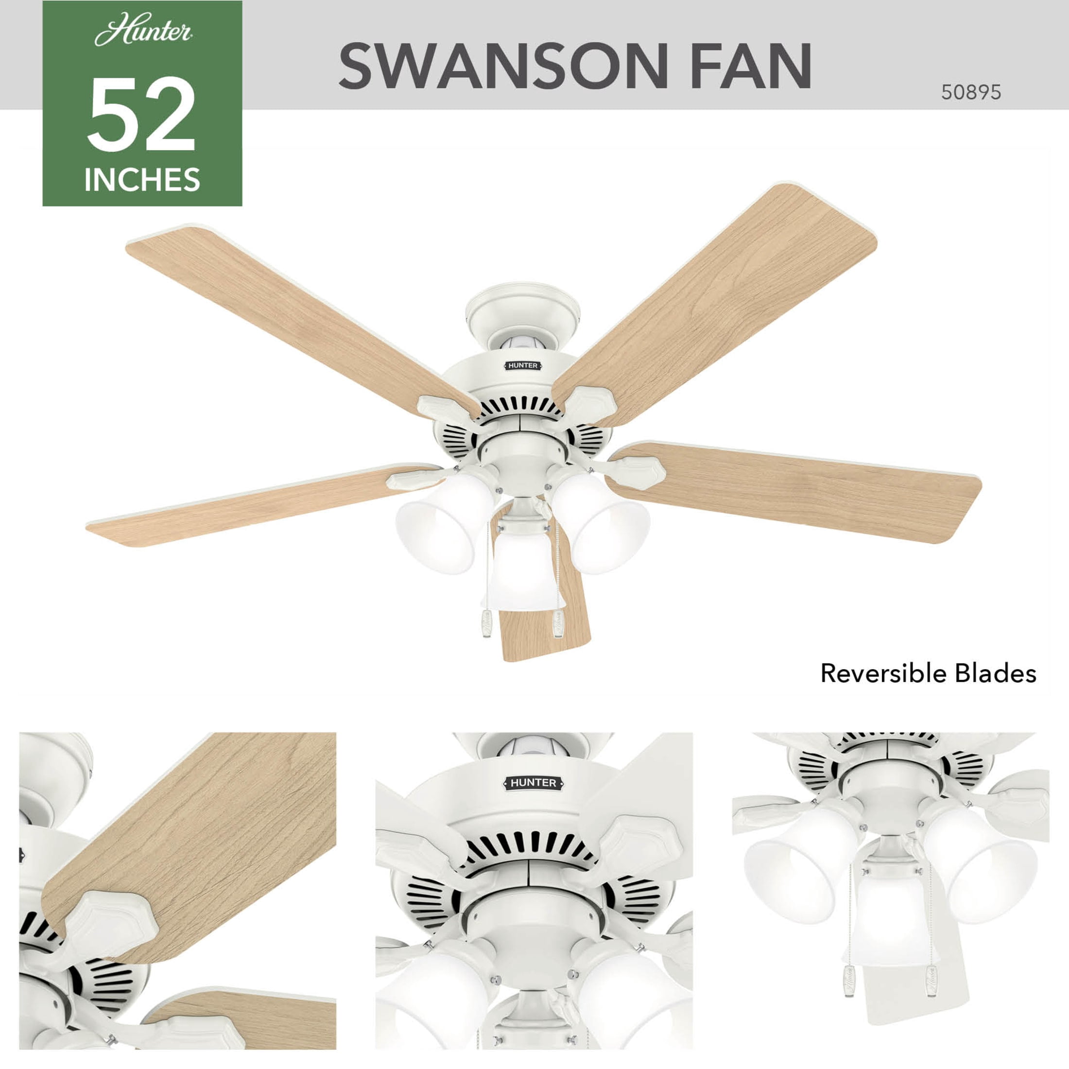 Hunter - Swanson Indoor Ceiling Fan With Light, 52-inch, Fresh White, Casual-style, 3-speed WhisperWind Motor, 50895, for living rooms, bedrooms, home offices, kitchens