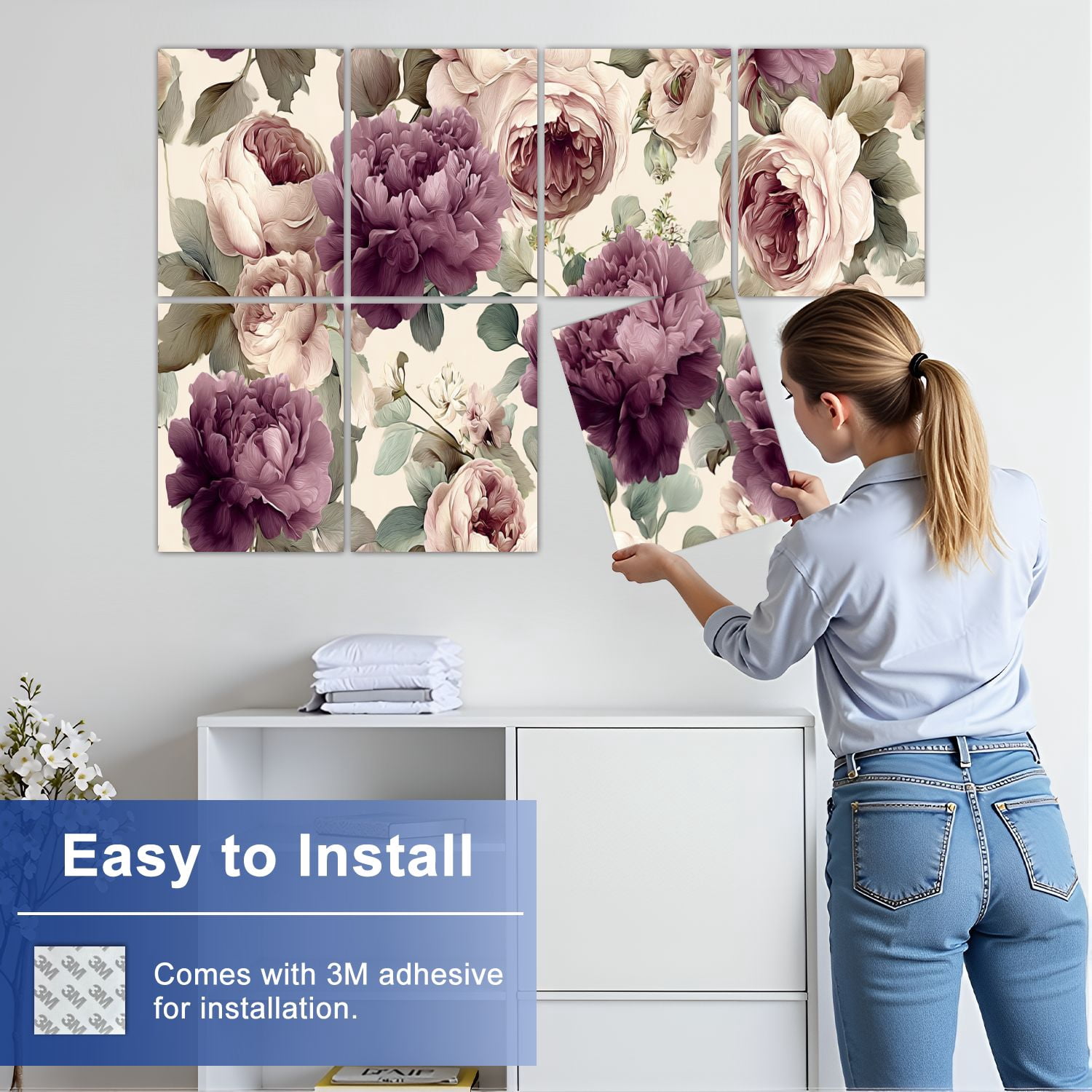 8 Pack Art Acoustic Panels Sound Absorbing Vintage Floral Purple Cream Peonies Decorative Soundproof Wall Panels Self Adhesive for Nursery Game Room Bedroom 48"x32"