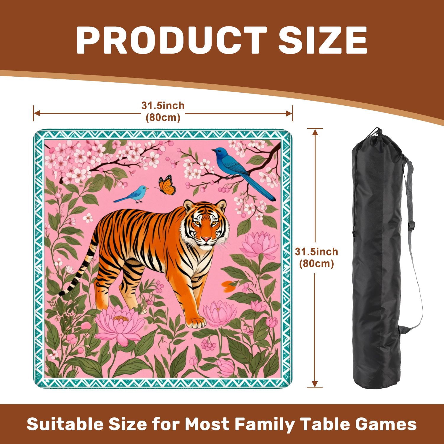 Mahjong Mat 31.5" x 31.5" Tiger Pink Floral Garden Birds Butterfly Decorative Oriental Style Non-Slip Noise Reduction American Mahjong Tiles Table Cover for Dominoes Poker Card Board Games Gift