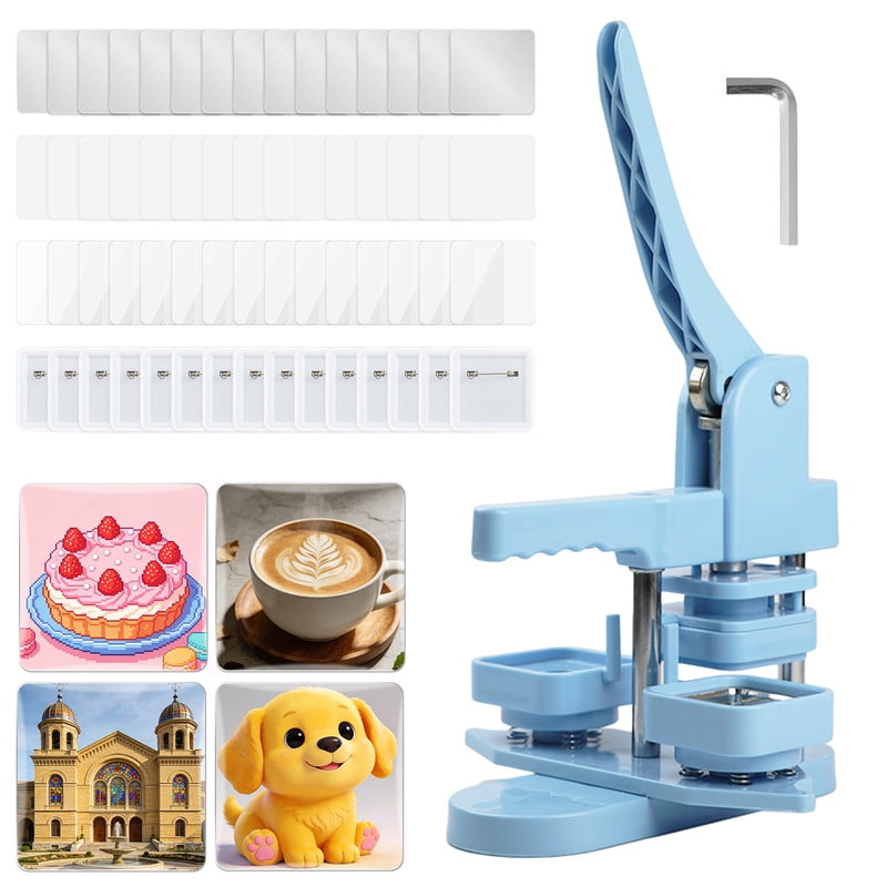 Square Button Maker Machine with 100 Sets of Button Supplies Parts, 50 * 50mm Hand Press Pin Badge Making DIY Craft Items, Light Blue