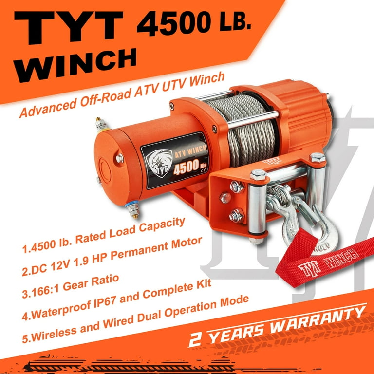 TYT 12V Electric 4500 lb ATV/UTV Winch Kit, Off-Road TYT 12V Electric 4500 lb ATV/UTV Winch Kit, Off-Road