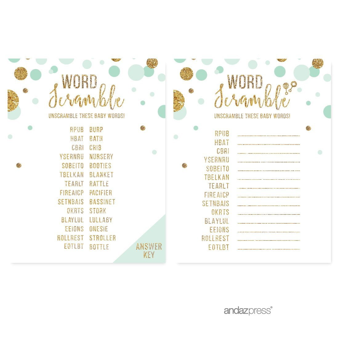 Word Scramble Game  Mint Green Gold Glitter Baby Shower Games, 20-Pack