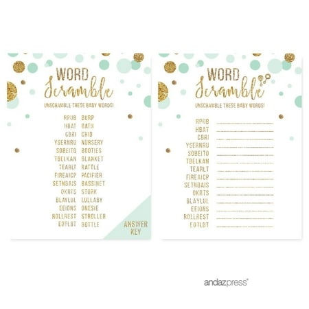 Word Scramble Game Mint Green Gold Glitter Baby Shower Games 20 Word Scramble Game Mint Green Gold Glitter Baby Shower Games 20