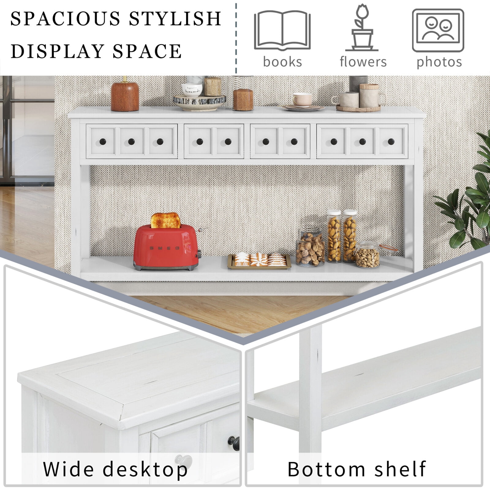 60-Inch Rustic Entryway Console Table, Long Sofa Table with 2 Small Drawers and 2 Larger Drawers, Bottom Shelf for Storage (Antique White)