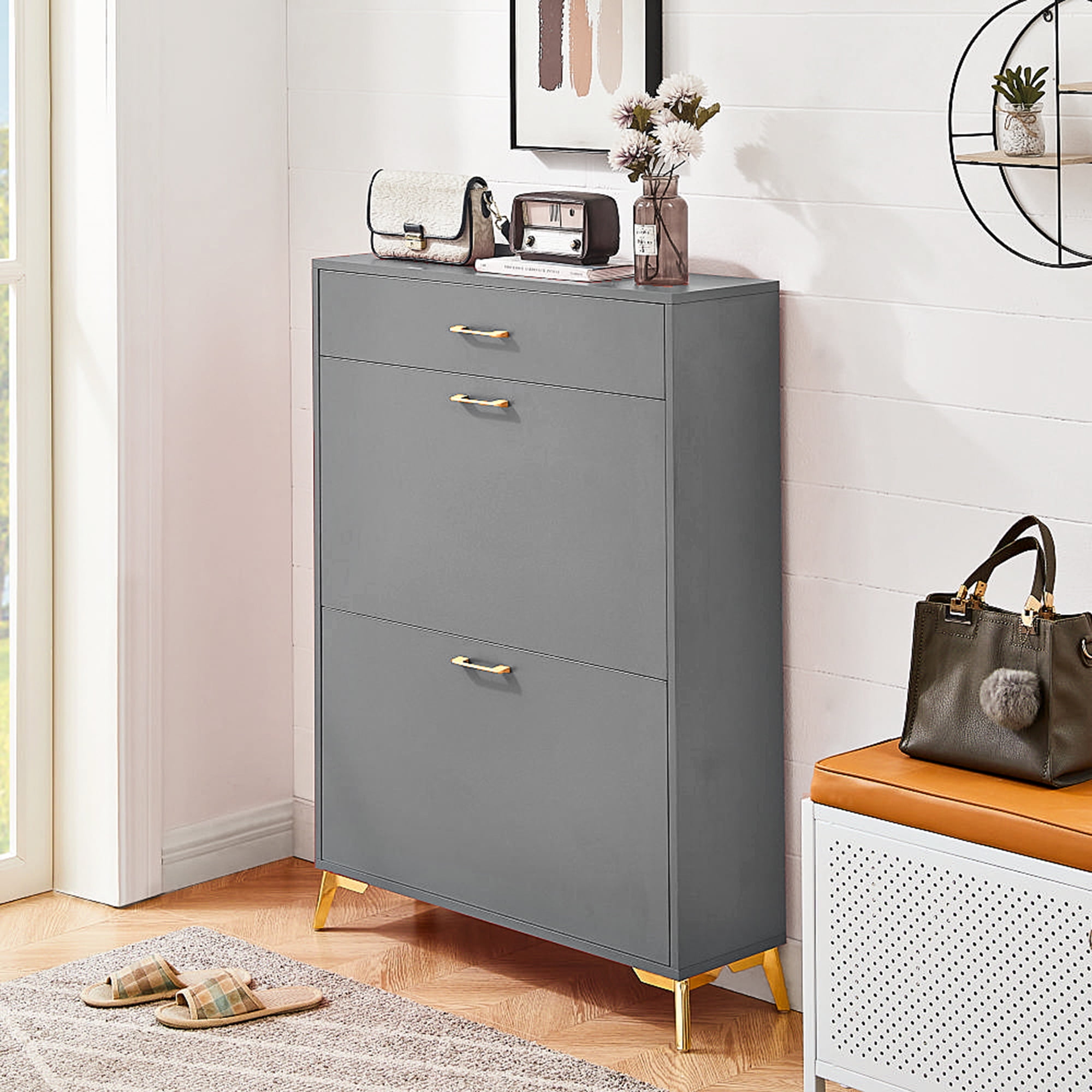 Kadyn 43.00"H Shoe Cabinet, Freestanding Shoe Rack Storage Organizer with Drawer, Entryway Shoe Storage Organizer, Gray