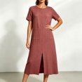 thumbnail image 2 of Levmjia Women's Summer Dress Short Sleeve Crew Neck Side Pocket Casual A Line Midi Dress with Side Slit Loose Fit Solid Color Day Dresses, 2 of 6
