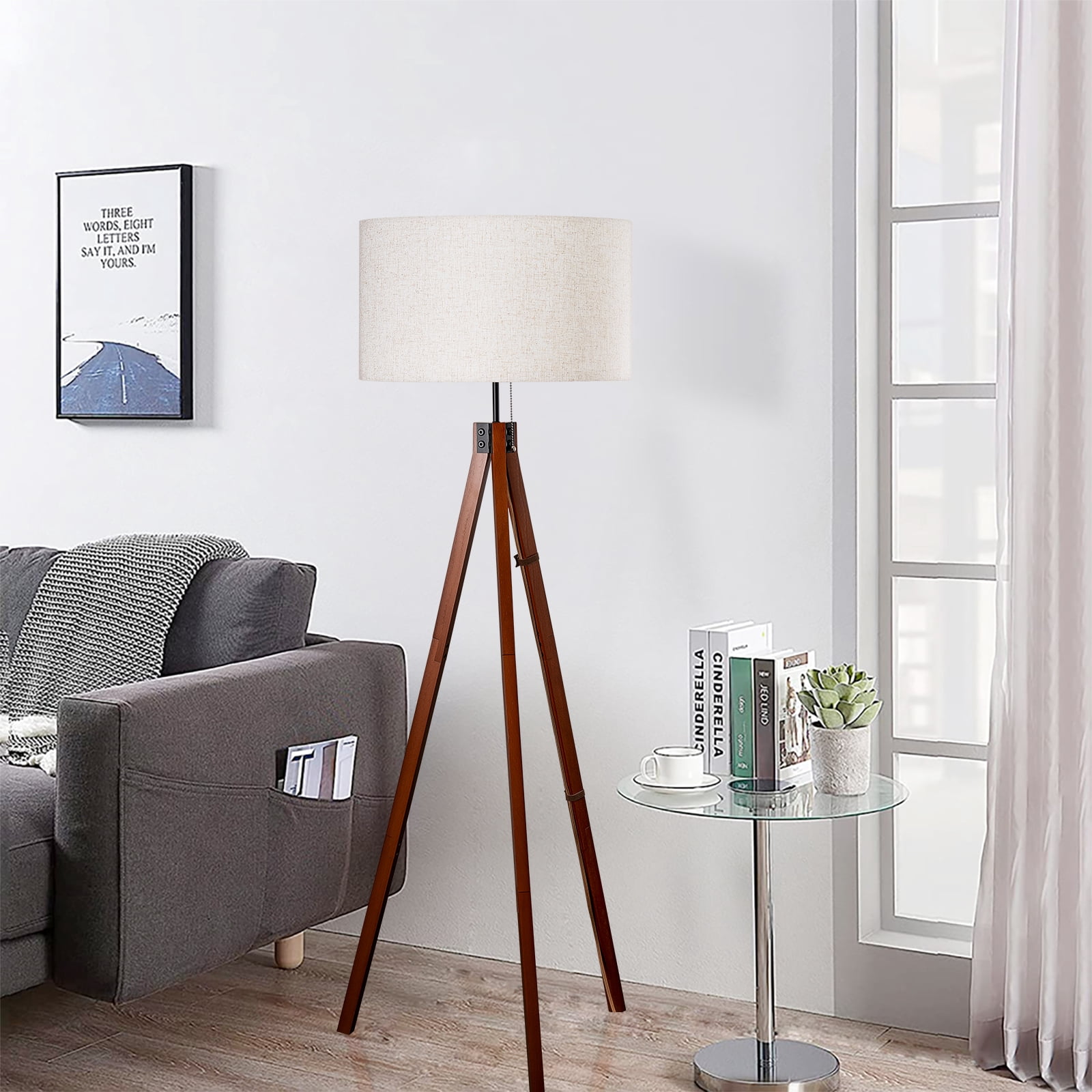 EE Eleven Master Wood Tripod Floor Lamp with 3 Color Temperatures LED Bulb, Mid Century Standing Lamp, Modern Design Tall Light for Living Room, Bedroom and Office, Flaxen Lamp Shade