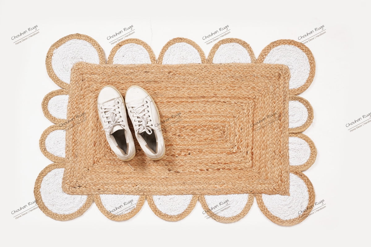Natural Jute Rug Hand Braided Beige and White Color Scalloped Area Rug Rectangle Rug