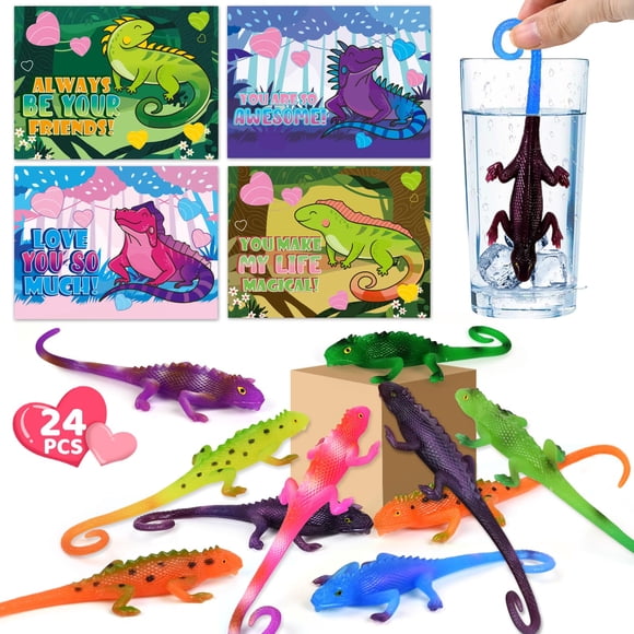 Shemira Paquete de 24 tarjetas para San Valentín con juguetes de lagartija de colores