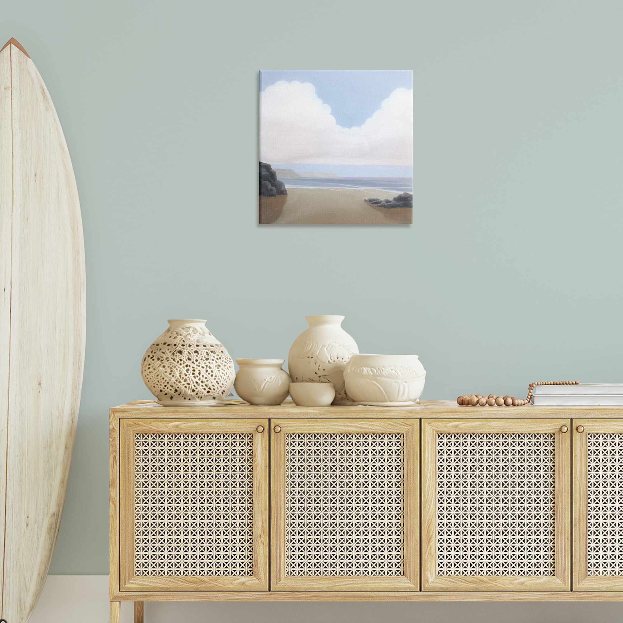 Stupell Industries Fluffy Clouds Over Beach Landscape Painting Gallery Wrapped Canvas Art Print Wall Art, 24 x 24