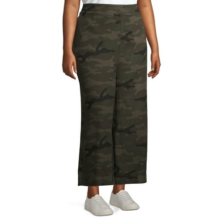 Terra & Sky - Terra & Sky Women's Plus Size Wide Leg Linen Camo Crop ...