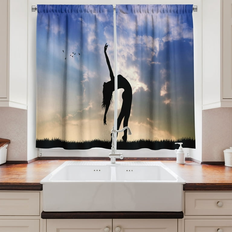 Ambesonne Cartoon Kitchen Curtains, Silhouette Dancing Nature, 55x39,  Multicolor
