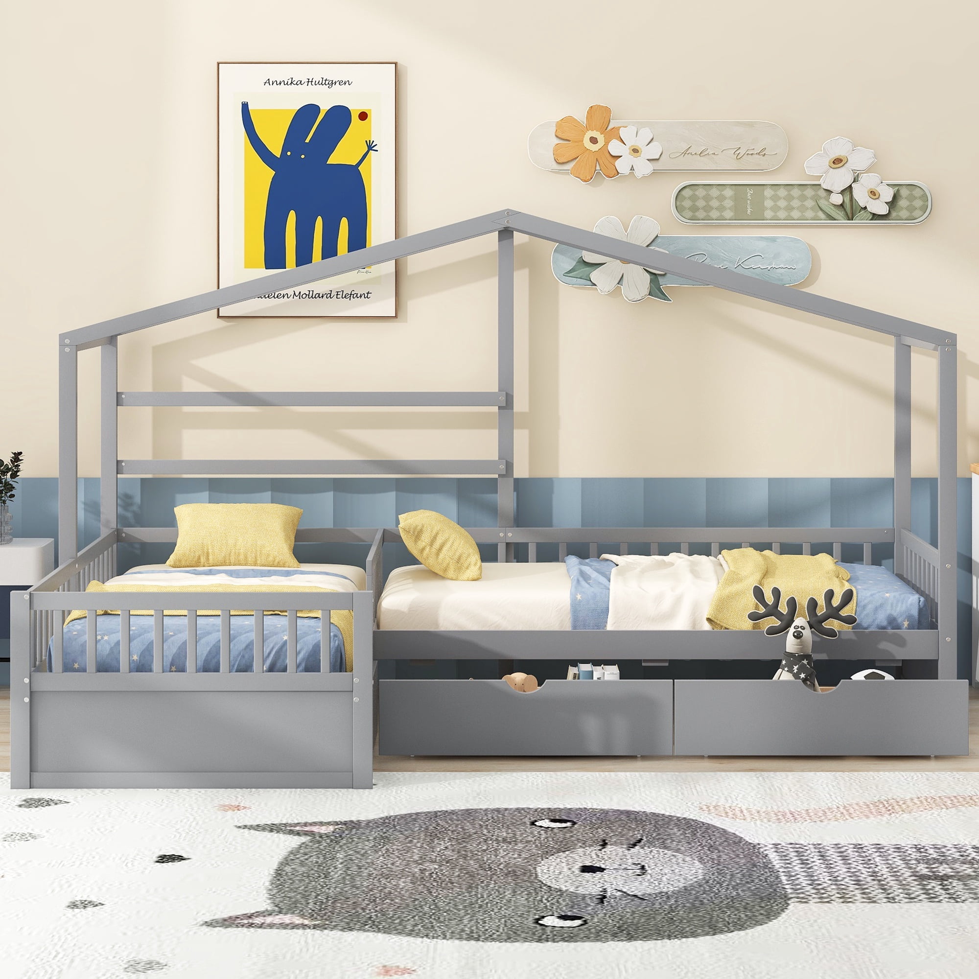 Bellemave House Bed Double Twin Beds, Wood L-Shape Twin Bed with 3 Storage Drawers, Montessori Bed with Roof and Fencefor Toddler Kids Girls Boys (Gray)