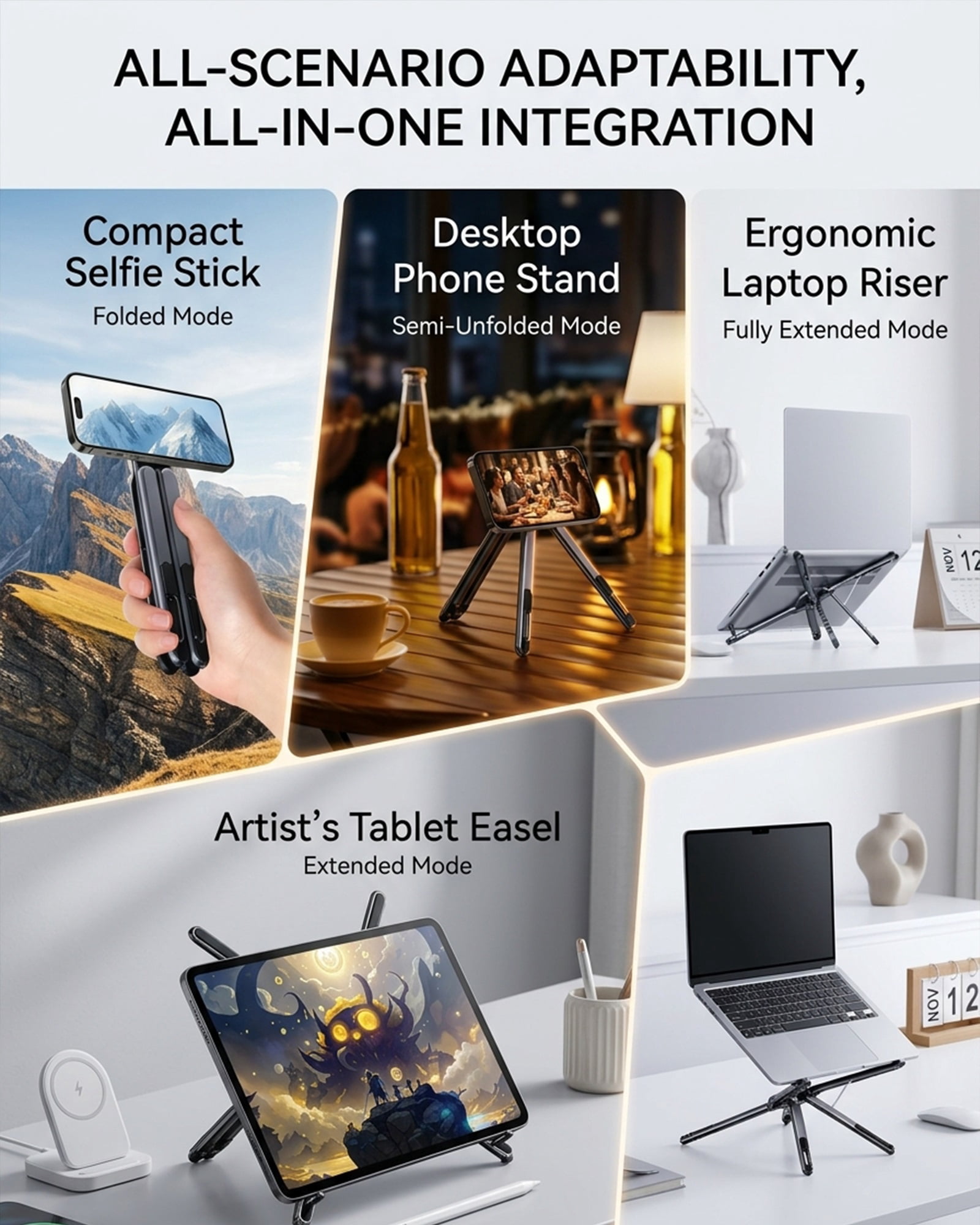 3-in-1 Magnetic Foldable Laptop Stand Portable Adjustable Computer Riser for Desk Integrated Folding Desktop Phone Holder Aluminum Tablets Collapsible Lying down Multi-angle Support