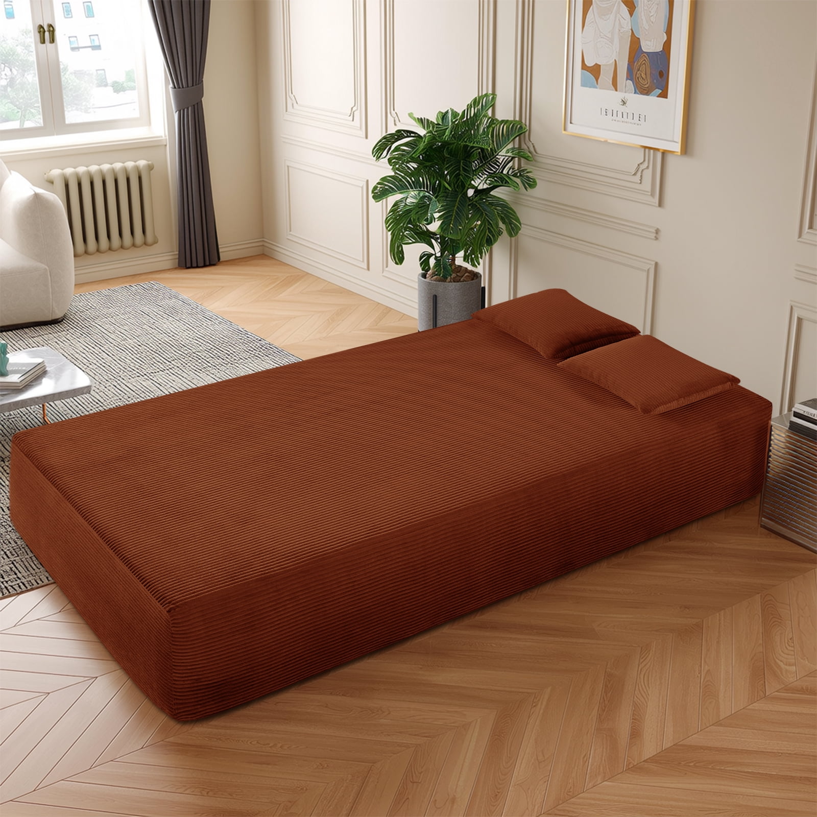 83" Seater Sofa Bed Couch with 4 Furry Pillows & Corduroy Fabric, No Assembly Sofa in a Box, Boneless Couch with Side Storage Pockets for Living Room, Bedroom, Office