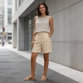 thumbnail image 5 of Zedker Linen Shorts for Womens Casual Knee Length Bermuda Shorts with Hollow Side Summer Beach Lightweight Capri Pants Beige L, 5 of 9