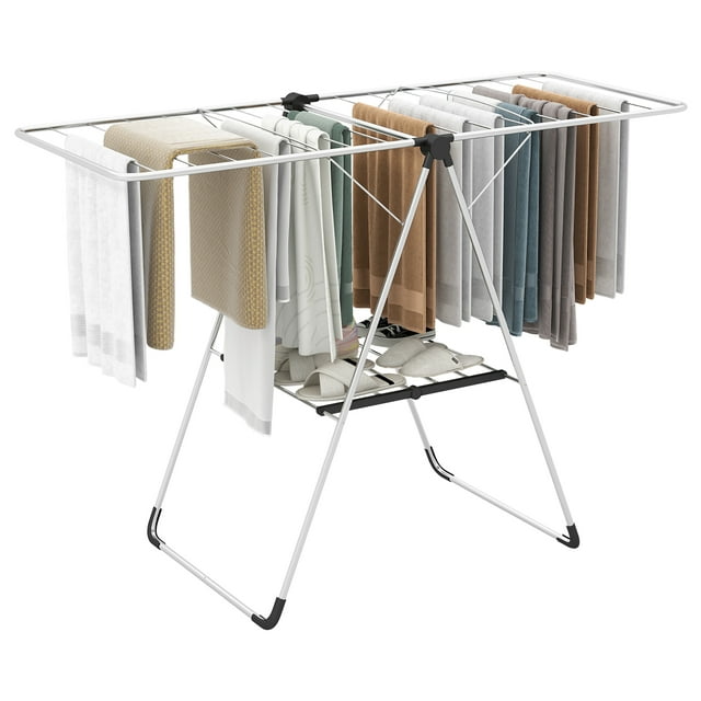 Gymax Séchoir à Linge à 2 Niveaux avec Ailes Réglables, Hauteur, Coussinet de Pied, Cadre en Aluminium