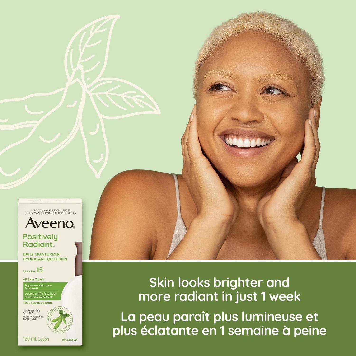 Aveeno Positively Radiant Daily Moisturizer SPF 15, Dry Skin Lotion, Face Cream, Hypoallergenic, Soy Formula, 120 mL