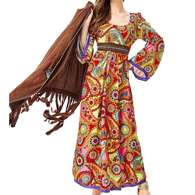Disfraz de hippie para mujer, disfraz de hippie, accesorios retro, vestido, chaleco con borlas, años 60 XL